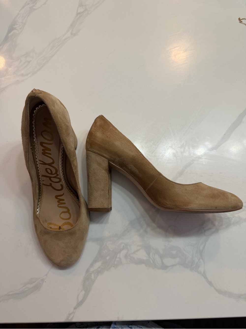 Sam Edelman Beige Suede Block Heel Pumps